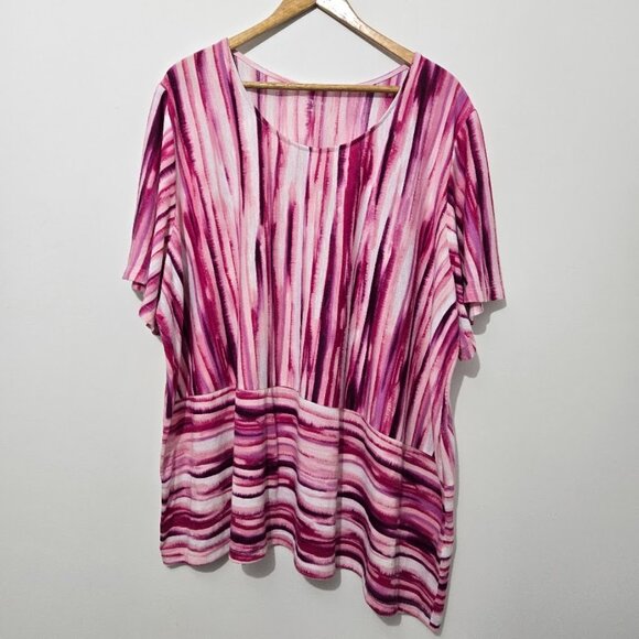 Catherines Pink Tie Dye Top Size 3X Short Sleeve Assymetric Stretch Beach Comfy - Picture 1 of 11